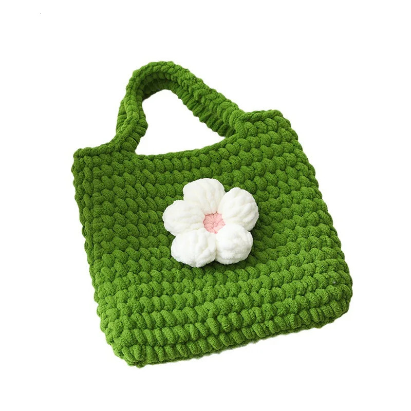 Crochet Knitted Handbag Womens Bag Puff Flower Finished Sweet Flower Handwoven Bag Ice Bar Thread 240320