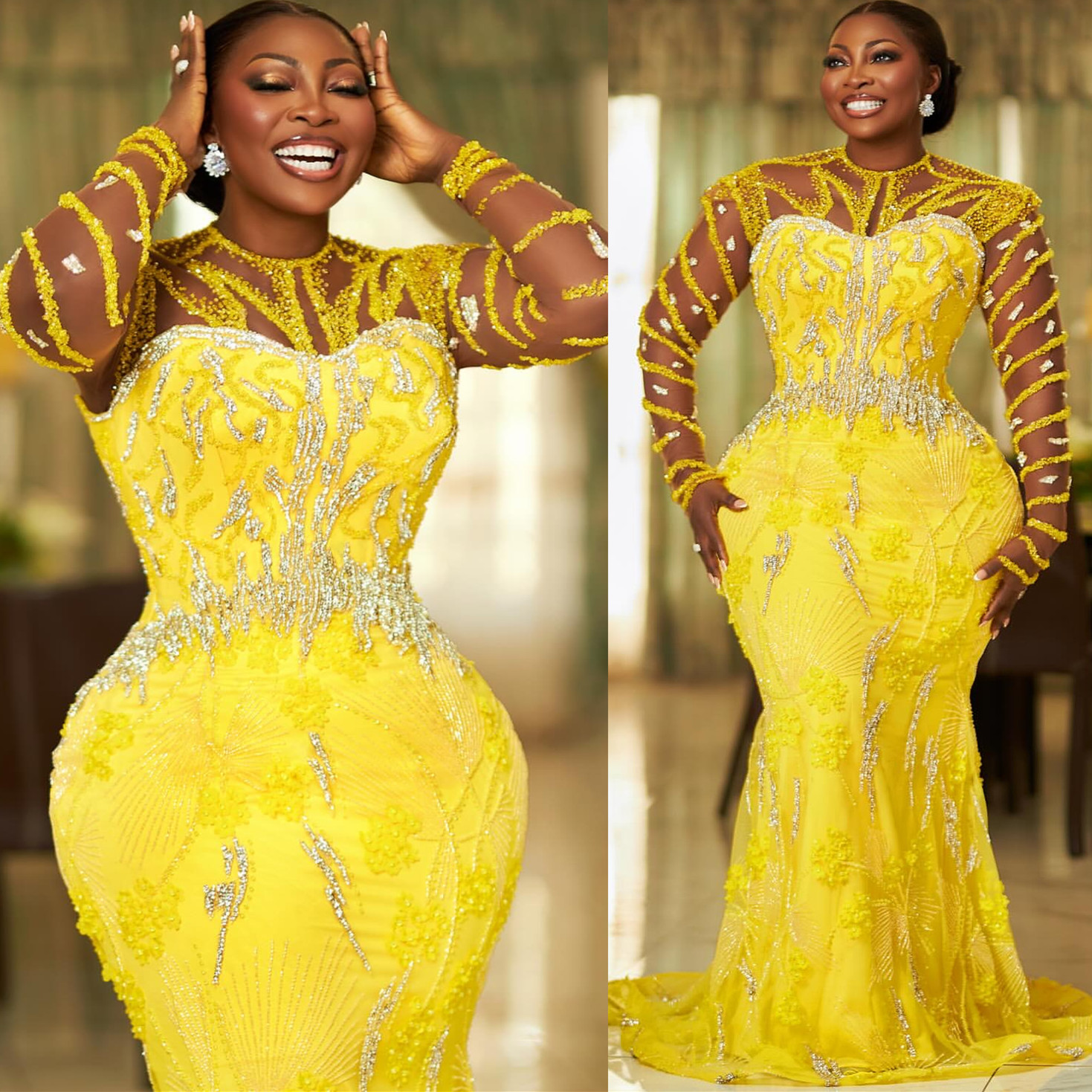 2024 Plus Size Yellow Mermaid Prom Dresses For Special Occasions Full Sleeves Sequined Lace Beaded Evening Party Birthday Gowns Dress For Women Vestid