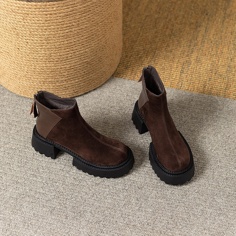 Women's Fashion Boots:Retro Round Toe Thick Sole Short Boots Winter New Trendy Versatile Martin Boots,Black/Brown,Free shipping