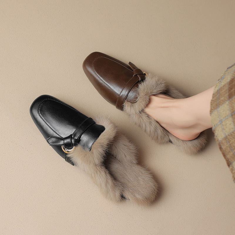 Women's Fashion Slippers:Winter New Trendy Fleece Warm Square Toe Flat Bottom Comfort,Black/Brown,Free shipping