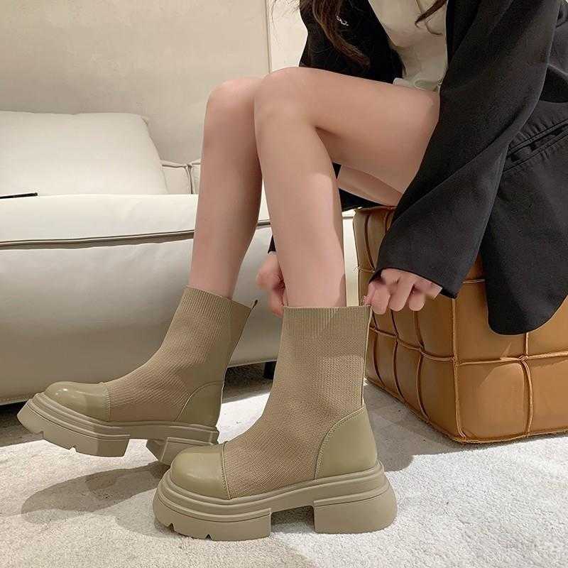CMM Knitted Slim Boots Womens Autumn and Winter New Fashion Round Toe Thick Soled Short Boots Casual Thick Heel Elastic Sleeve Socks Boots