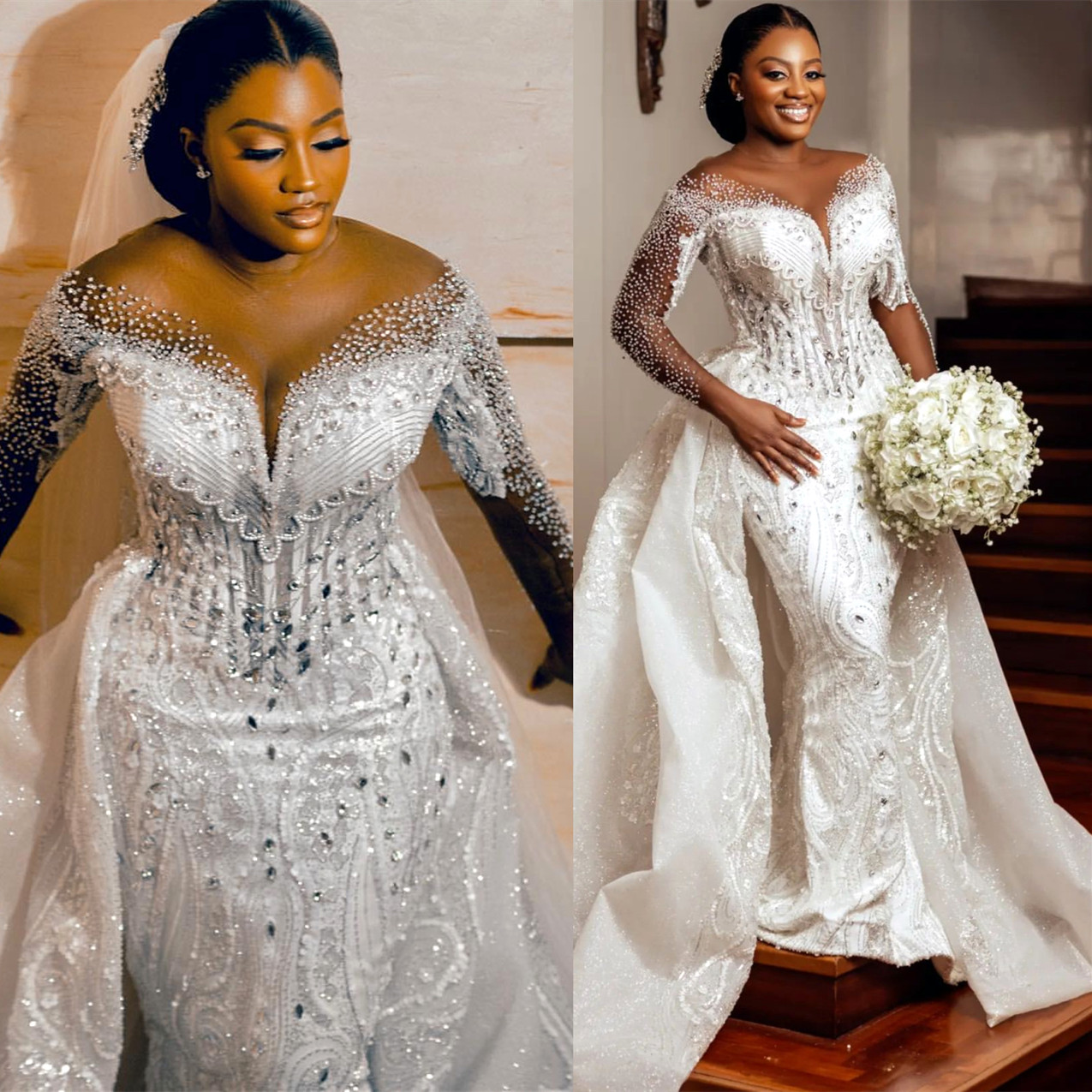 Aso Arabic Ebi Plus Size Ivory Lace Mermaid Wedding Sheer Neck Full Sleeves Rhies Beaded Detachable Train Bridal Gowns Dresses