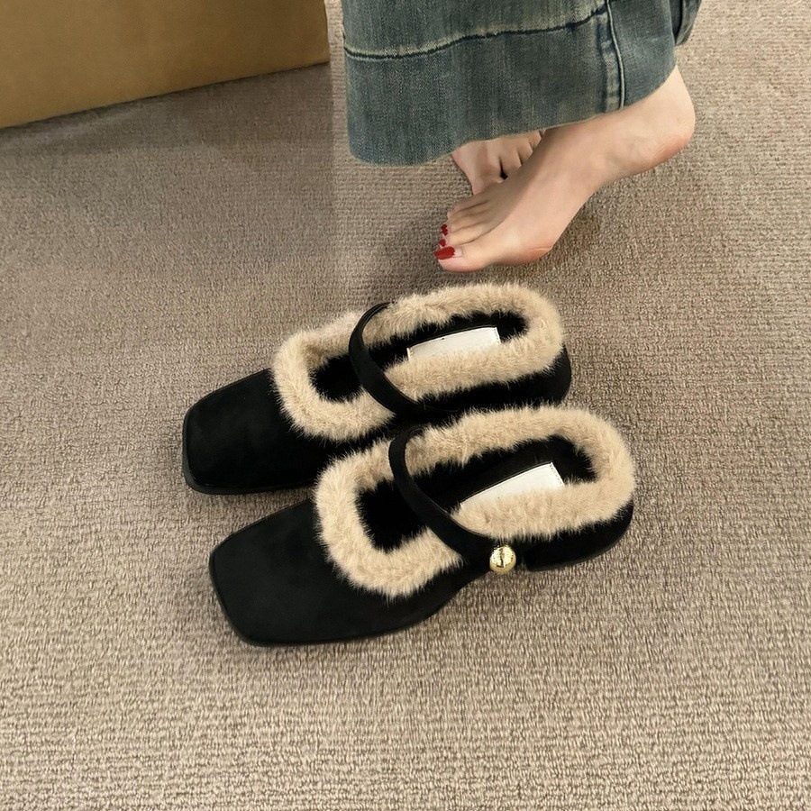 Women's Fashion Slippers:Chunky Heel Increase Height 2024 Winter New Trendy French Retro Fleece Warm,Leopard Print/Black/Brown,Free shipping