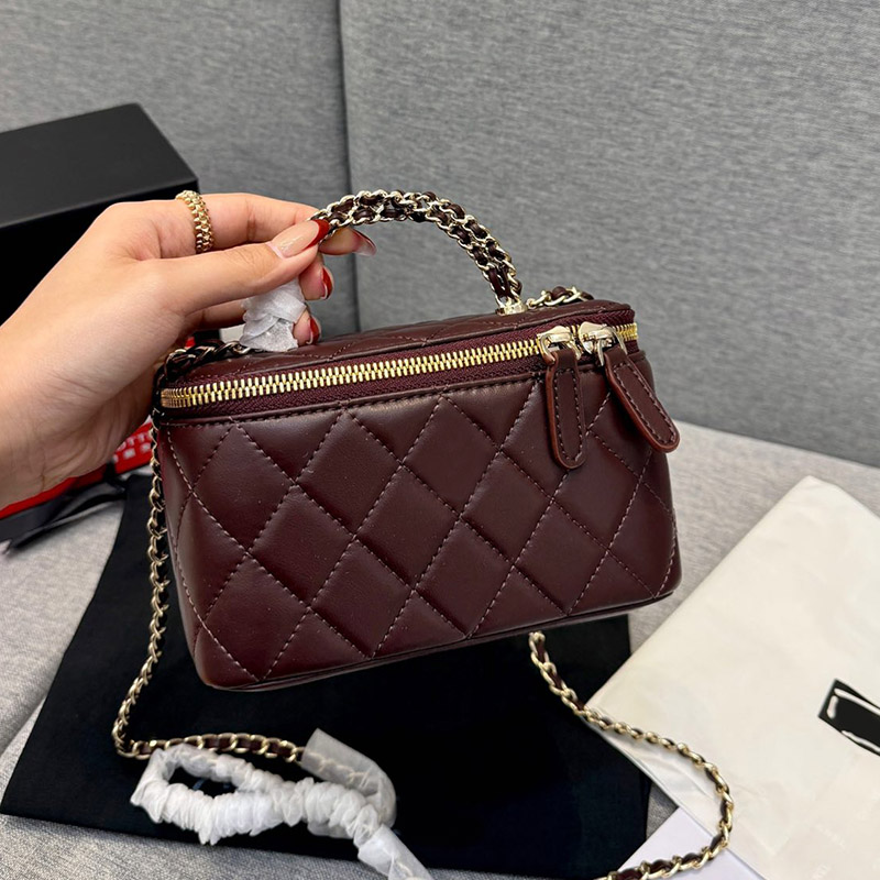 Cross Handle Ladies Designer Vanity Box Makeup Bag with Mirror Leather Gold Zipper Metal Hardware Woven Chain Cosmetic Case Purse Luxury Shoulder Handbag 18x11cm