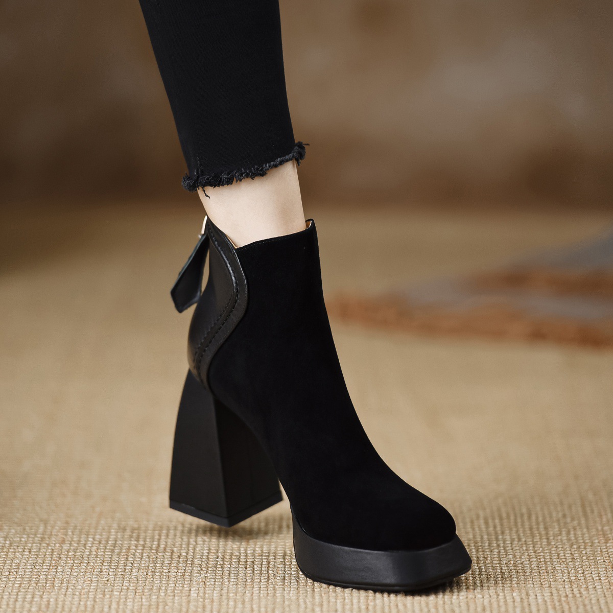 Women's Fashion Boots:NewTrendy High Heel Chunky Heel Round Toe Simple Design Versatile,Black/Coffee,Free shipping
