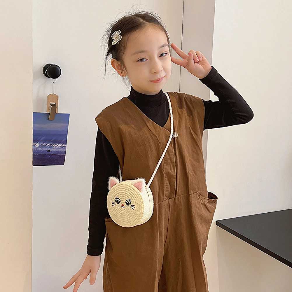 Cute Cat Beach Bag for Kids Fashion Small Round Straw Bag Casual Handmade Woven Shoulder Bag Solid Color Zipper Crossbody Bag LX241104