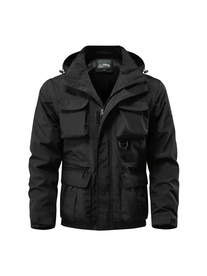 Detachable windproof sleeved hooded jacket suitable for outdoor activities mens casual waterproof multi pocket vest 241104
