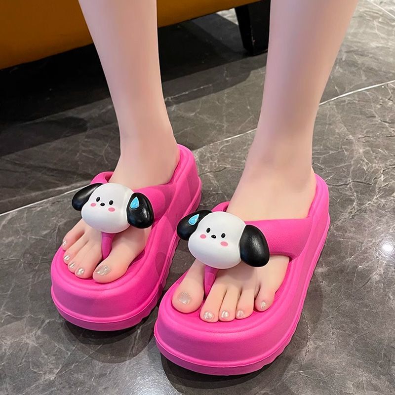 Cute Dog Herringbone Slippers for Women's Summer Outwear 2023 New Thick Sole Elevated Beach Anti slip Sandwich Slippers