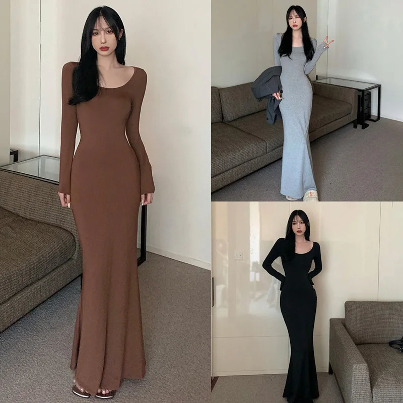 Korean Version Fishtail Dress Solid Color Square Neck Slimming Sexy Fishtail Wrap Buttocks Dress 240319