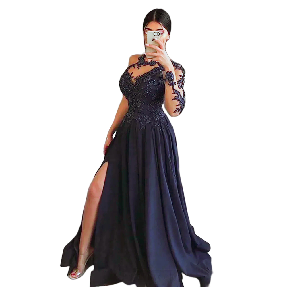 Black One Shoulder Prom Dresses Side Split A Line Long Satin Evening Dress Lace Appliques Beaded Jewel Neck Chic Formal Party Gown For Women 2025