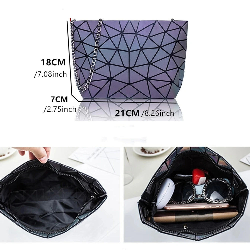 Fashion Reflective Chain Crossbody Bags For Women Folding Geometric Holographic Purses Luminous Sg Shoulder Bag