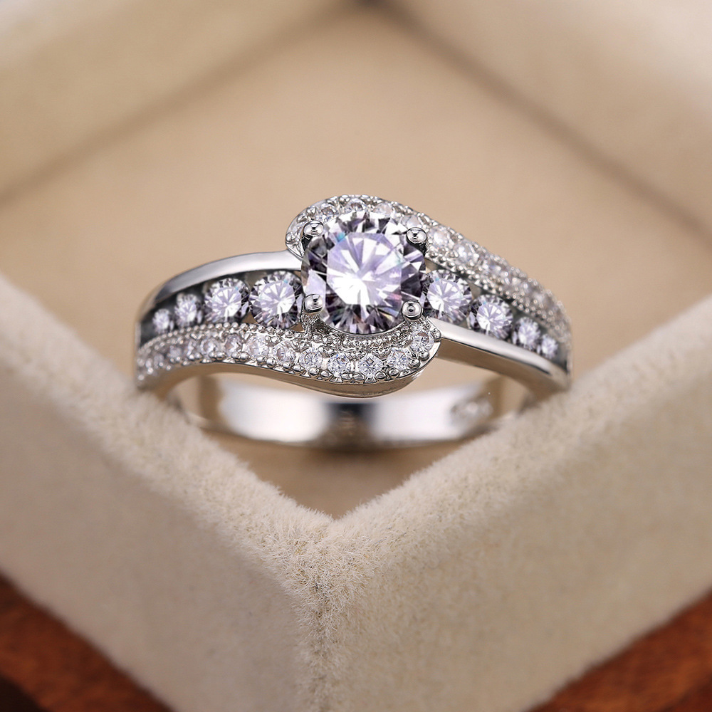 Solitaire Ring Classic 925 Sterling Silver Black Zircon Ring Women Round Crystal 18K White Gold Ring Luxury Wedding Jewelry Holiday Gift