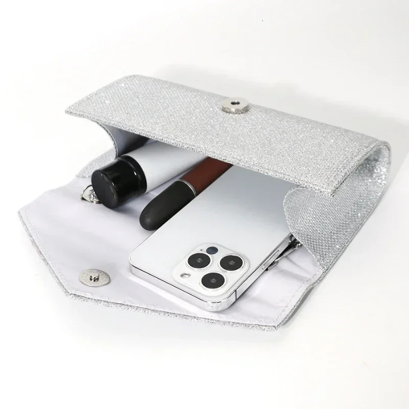 Women Envelope Evening Bag Glitter Ladies Chain Shoulder Bags Shiny Silver Long Purse Female Wedding Party Clutches Mini Handbag 241126