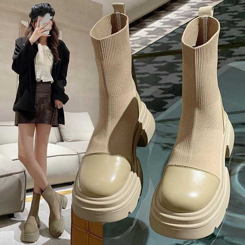 CMM Knitted Slim Boots Womens Autumn and Winter New Fashion Round Toe Thick Soled Short Boots Casual Thick Heel Elastic Sleeve Socks Boots