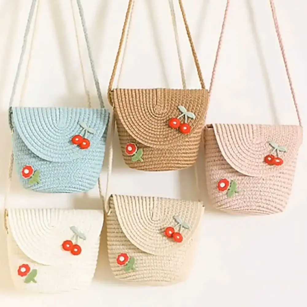 Cute Childrens Woven Straw Bag Handmade Bucket Flower Shoulder Bag Woven Crossbody Bag Girls Key Coin Purse Bag LX241104
