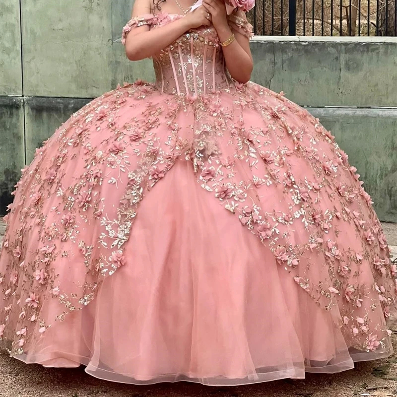 3D Floral Appliques Ball Gown Quinceanera Dresses Straps Corset Floor Length Princess Sweet 15 Dress Glitter Sequins Satin Long Special Occasion Gown 