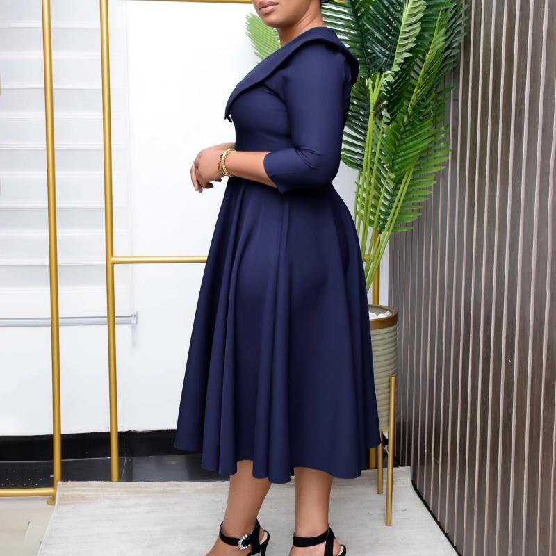 Casual Dresses Elegant Office Dress For Women Midi With Sleeve O Neck Turn Down Collar Three Quarter Belt Waisted Mid Calf Formal Work OL