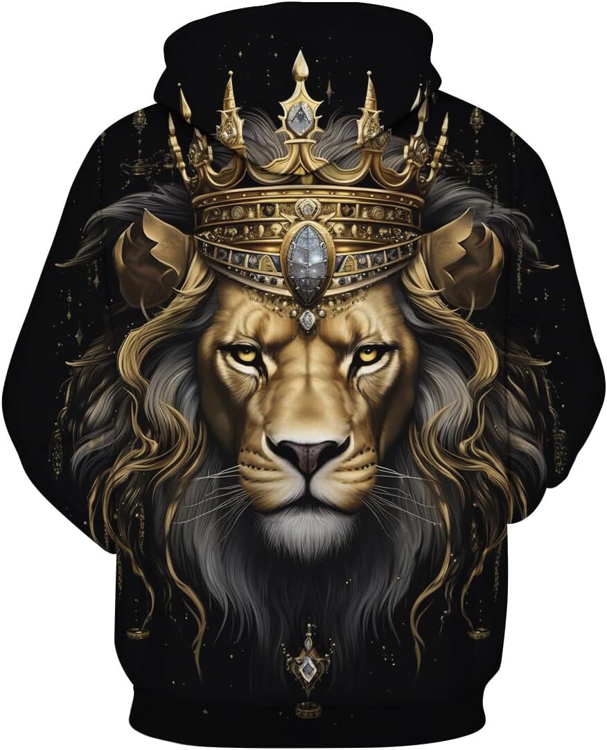 Hoodie for Mens cool Lion Hoodie Animal 3D Pattern Sweatshirt Hooded Pullover with Pocket Graphic Pullover Long Sleeve Hip-hop