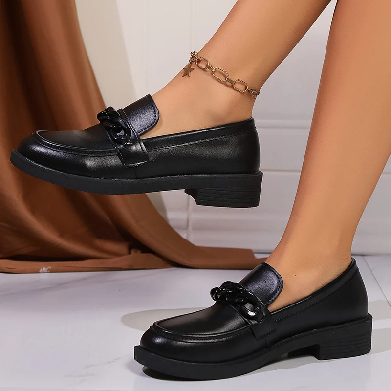 Lucyever Womens Chain Decor Loafers Patent Leather Slip On Platform Shoes Woman Stylish Low Heels Black Office Ladies 41 241126z