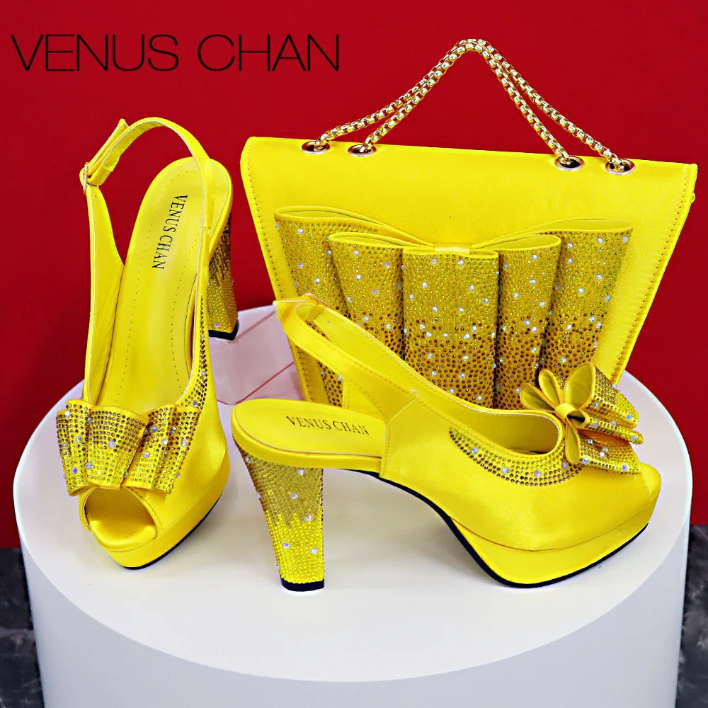 High Quality Yellow Color Fish Beaked Toe Cap Thin Heels Ladies Shoes Matching Bag Set For Women Wedding Party Pump 240321