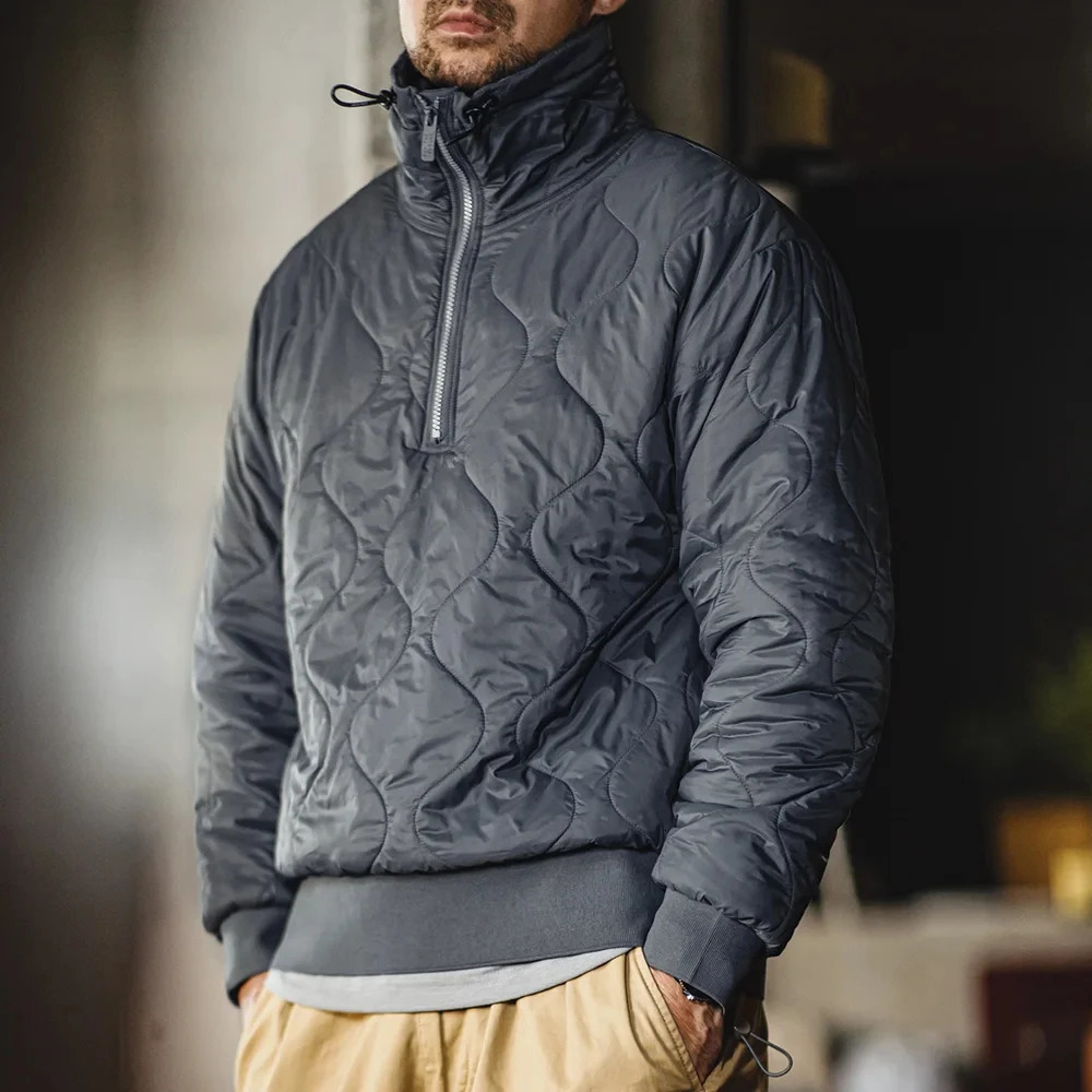 Maden Quilting Half Zip Coat for Men Thinsulate Filling Winter Thickened Warm Parkas Gray Standup Collar Pullover Mens 241029