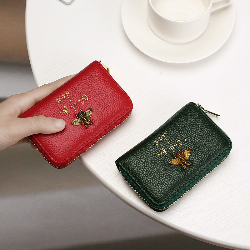 New top layer cowhide, honey bee, genuine leather organ card bag, coin purse, multi slot small wallet