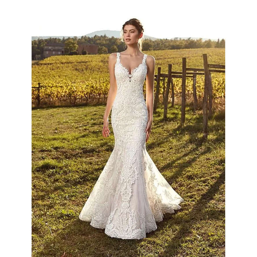 Elegant Straps Deep V Neck Mermaid Dresses Full Lace Tulle Summer Beach Wedding Bridal Gowns Illusion Back