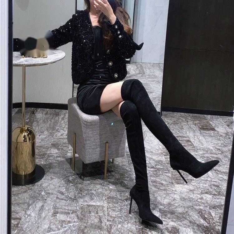 CMM Sharp Pointed High Heeled Long Boots for Women Autumn and Winter New Item Black Suede Elastic Slim Boots Knee High Elastic Boots Slim Heels
