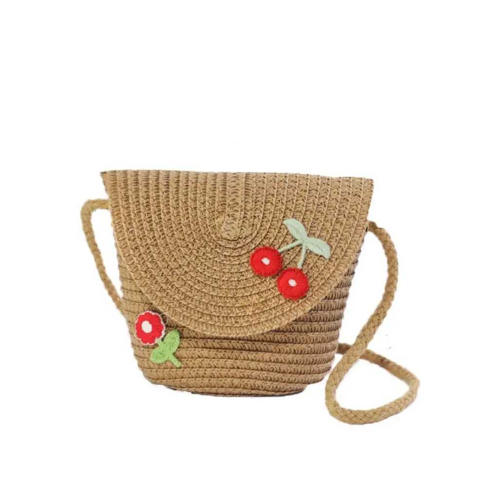 Cute Childrens Woven Straw Bag Handmade Bucket Flower Shoulder Bag Woven Crossbody Bag Girls Key Coin Purse Bag LX241104