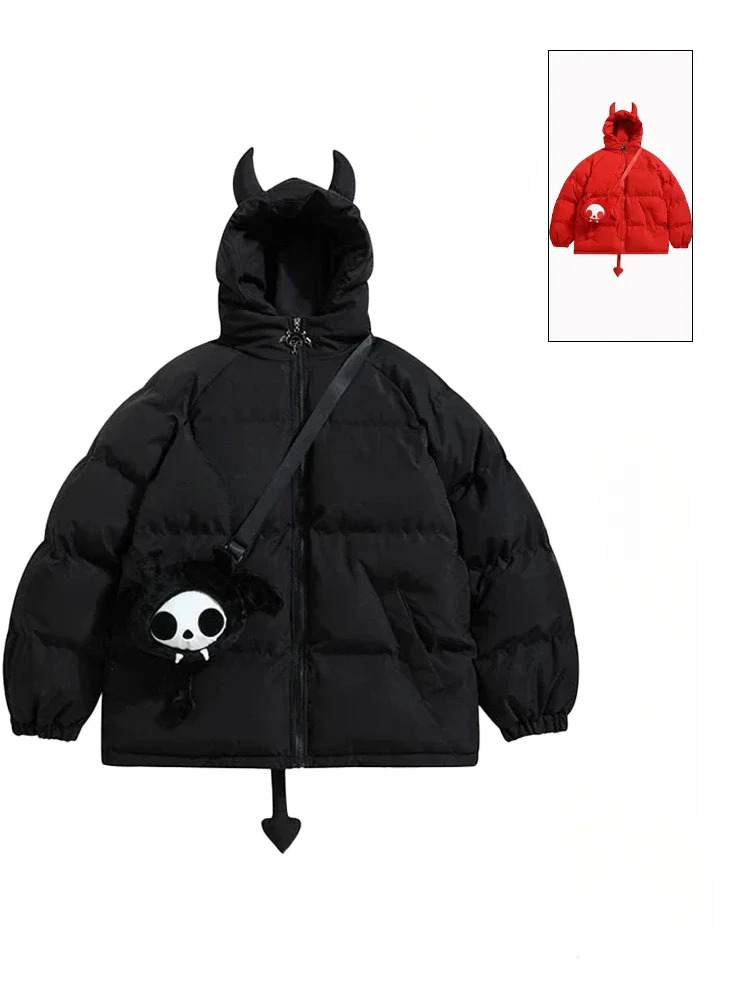 Women Black Gothic Thicken Parkas Hip Hop Horns Wing Couple Hooded Padded Jacket Streetwear Emo Coat Winter Clothes