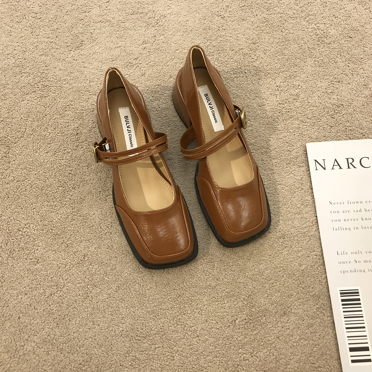 Women's Fashion Dress Shoes:High Heel French Retro Square Toe Chunky Heel Mary Jane Shoes Leather,Black/Brown/Apricot,Free shipping