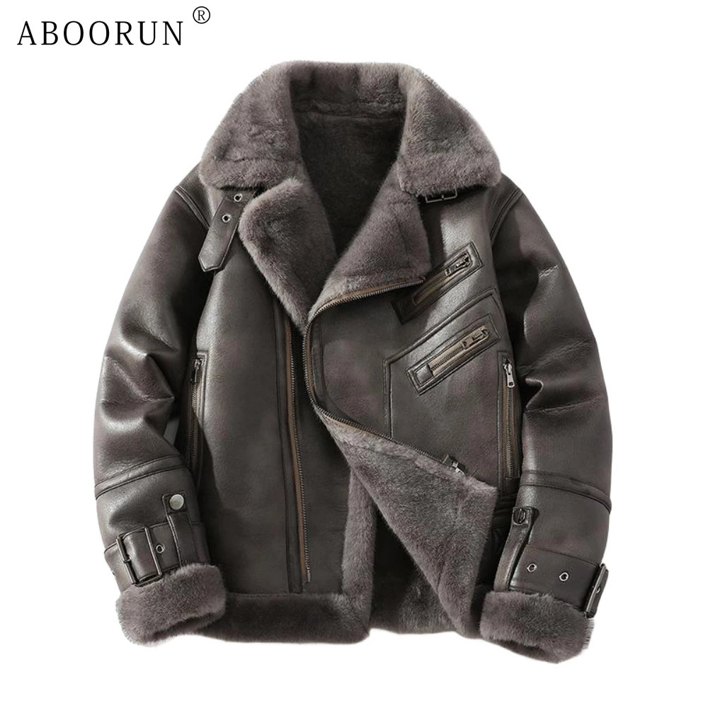 ABOORUN Mens PU Leather Wool Coat Punk Splicing Motorcycle Jacket Mens Winter Warm Park 241104