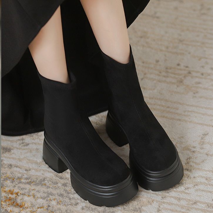 2024 Women's Martin Boots: High-Heel Suede Skinny Boots, Thick Sole, Height Boosting, Minimalist Design, Black/Apricot, Free Shipping 3f24