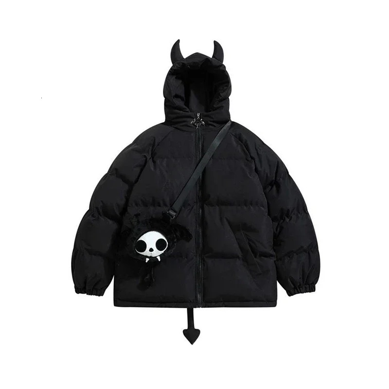 Women Black Gothic Thicken Parkas Hip Hop Horns Wing Couple Hooded Padded Jacket Streetwear Emo Coat Winter Clothes