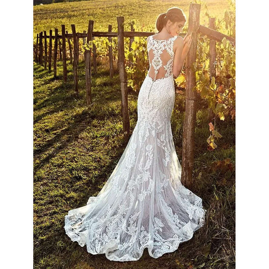 Elegant Straps Deep V Neck Mermaid Dresses Full Lace Tulle Summer Beach Wedding Bridal Gowns Illusion Back