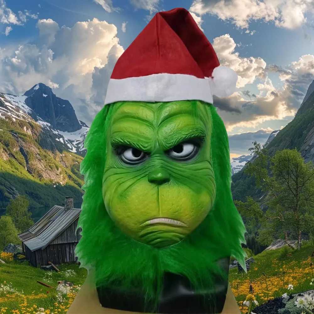 Quty Green Grinch Mask Christmas Halloween Cosplay Green Fur Monster Masque Props Anime Latex Head Gear Gloves Grinch Masque Y241101