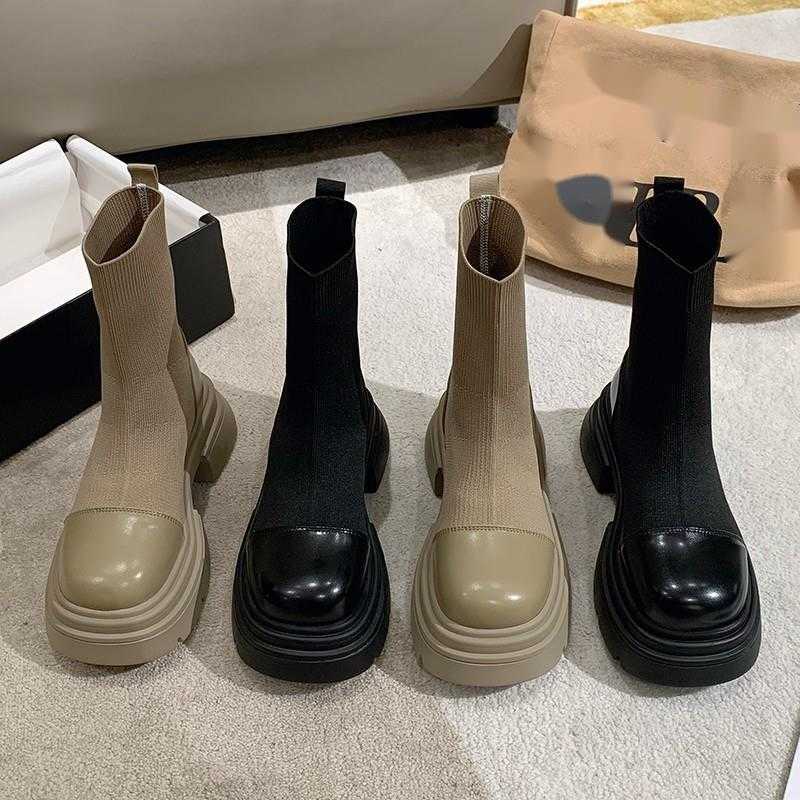 CMM Knitted Slim Boots Womens Autumn and Winter New Fashion Round Toe Thick Soled Short Boots Casual Thick Heel Elastic Sleeve Socks Boots