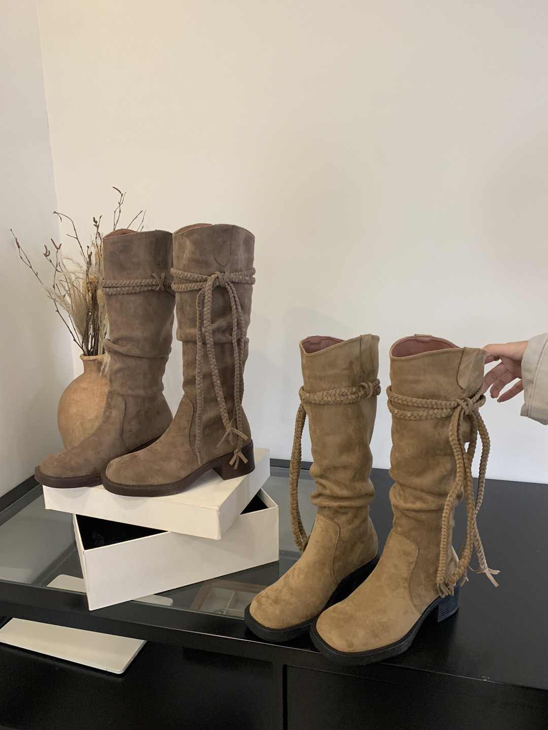 Solid Color Hemp Rope Cross Strap Pointed Thick Heeled Long Autumn Winter New Punk Rock New Style Women Knee High Boots 35-39