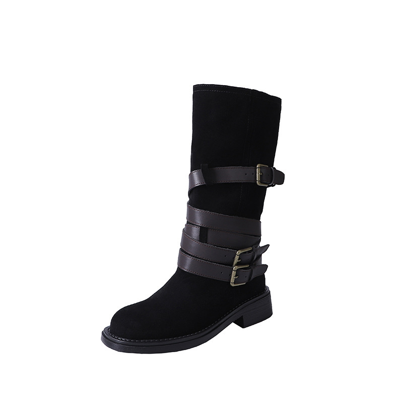 Women's Fashion Boots:Buckle Design Middle Boots Slimming Chunky Heel Round Toe,Black/Brown,Free shipping