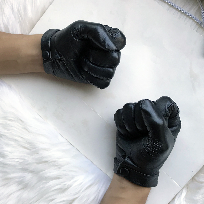 Men's Unlined Luxury Leather Gloves Women's Short gloves Wrist Button Goat Leather Winter Warm Driving Touch Screen Fit Gloves Femal Black g