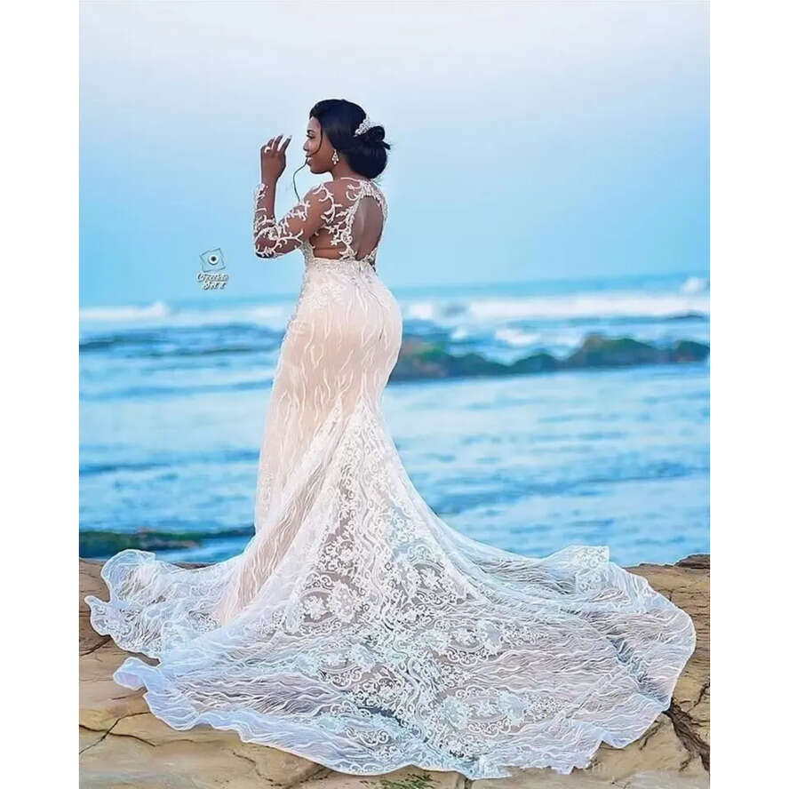 New Urious Lace Beaded African Mermaid Sheer Neck Bridal Dresses Long Sleeves Vintage Sexy Wedding Gowns Weca