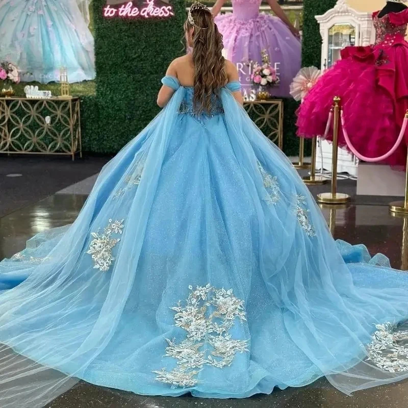 Sky Blue Princess Quinceanera Dresses Off The Shoulder Sweetheart Neck Long Tulle Ball Gown Sweet 16 Dress Corset Open Back Prom Special Occasion Gown