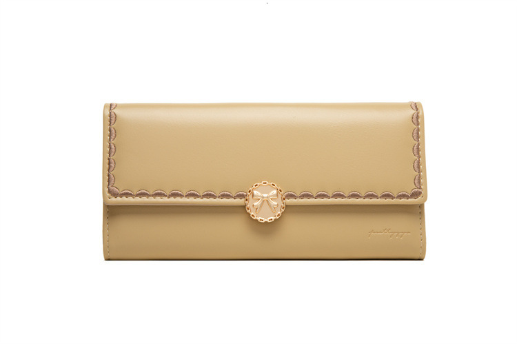Love Step New Long Women's Solid Color Bow Buckle Three Fold Embroidered Handbag Wallet Clip