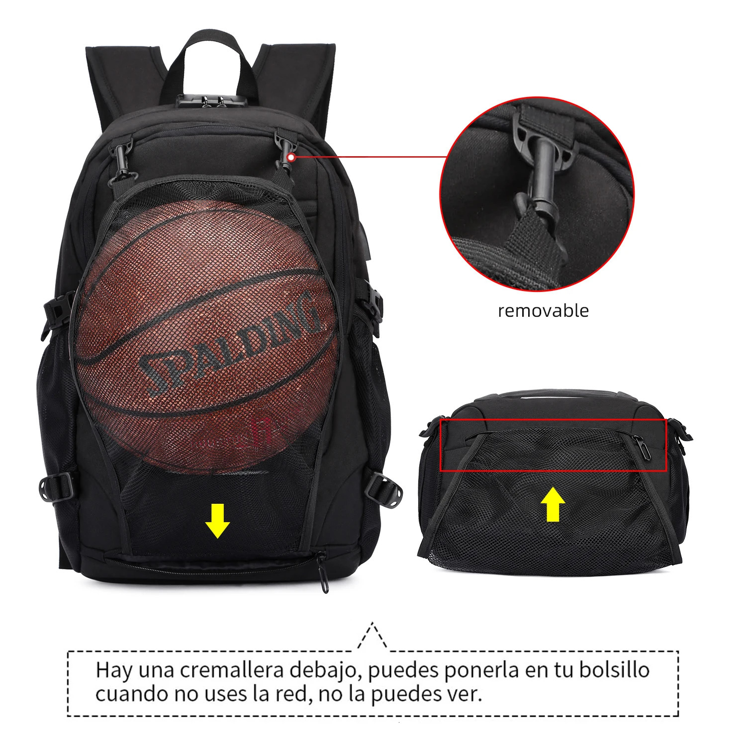 Neutral waterproof backpack with anti-theft password lock reflective strip basketball net pocket USB and headphone jack 241031