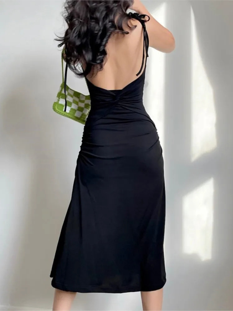 Fashion Strappy Ruched Clothing Sexy Black Party Dress Irregular Elegant Backless Long Midi Womens Dresses Vestidos Para Mujer 240319