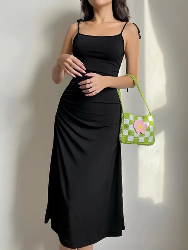 Fashion Strappy Ruched Clothing Sexy Black Party Dress Irregular Elegant Backless Long Midi Womens Dresses Vestidos Para Mujer 240319