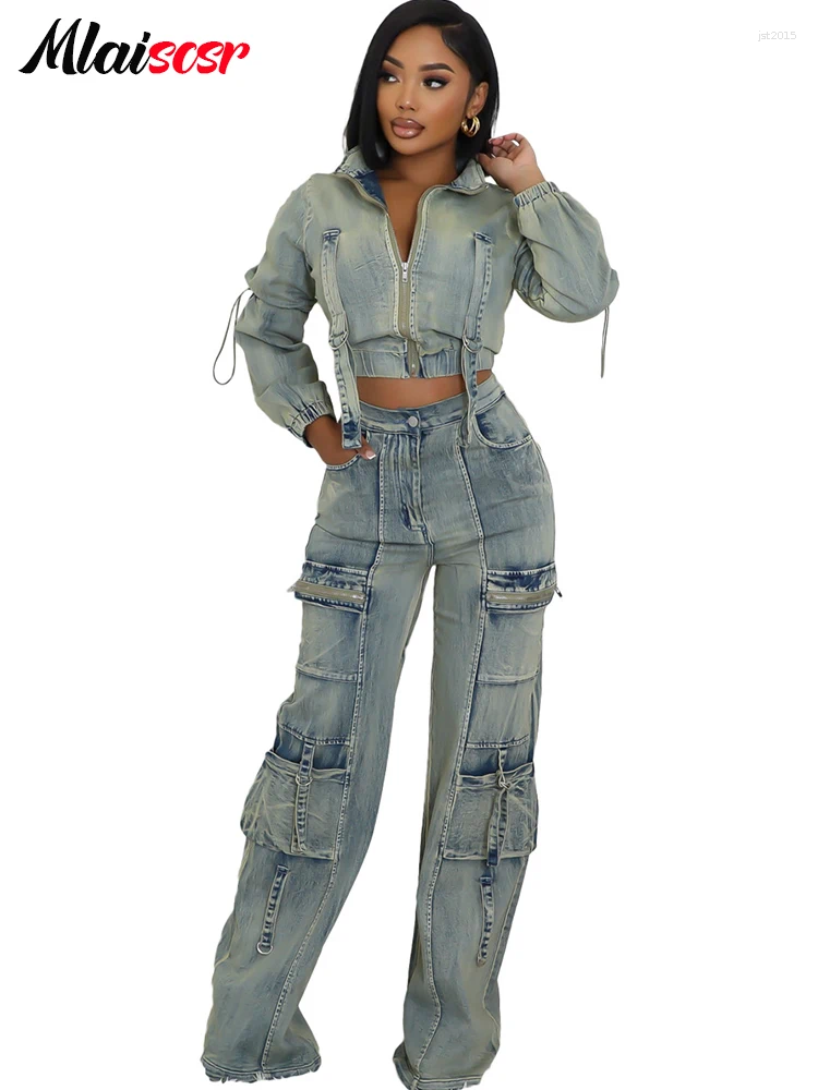 Women's Two Piece Pants Mlaiscsr Vintage Stretch Denim 2 Sets Women Zip Slim Jackets And Pocket Cargo Jeans Outfit Streetwear Winter Suits
