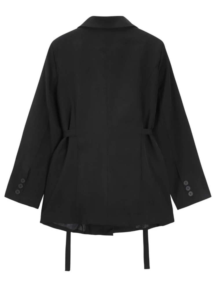 EAM Black Bandage Buckle Causal Blazer Women Lapel Long Sleeve Loose Fit Jacket Fashion Spring Autumn 30A2051 241021