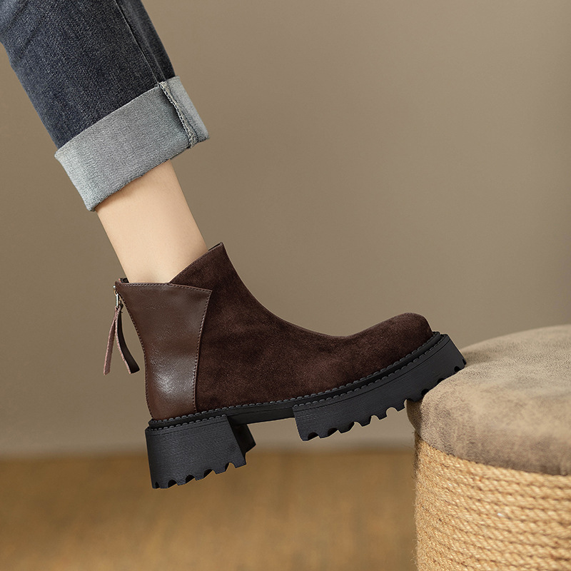 Women's Fashion Boots:Retro Round Toe Thick Sole Short Boots Winter New Trendy Versatile Martin Boots,Black/Brown,Free shipping