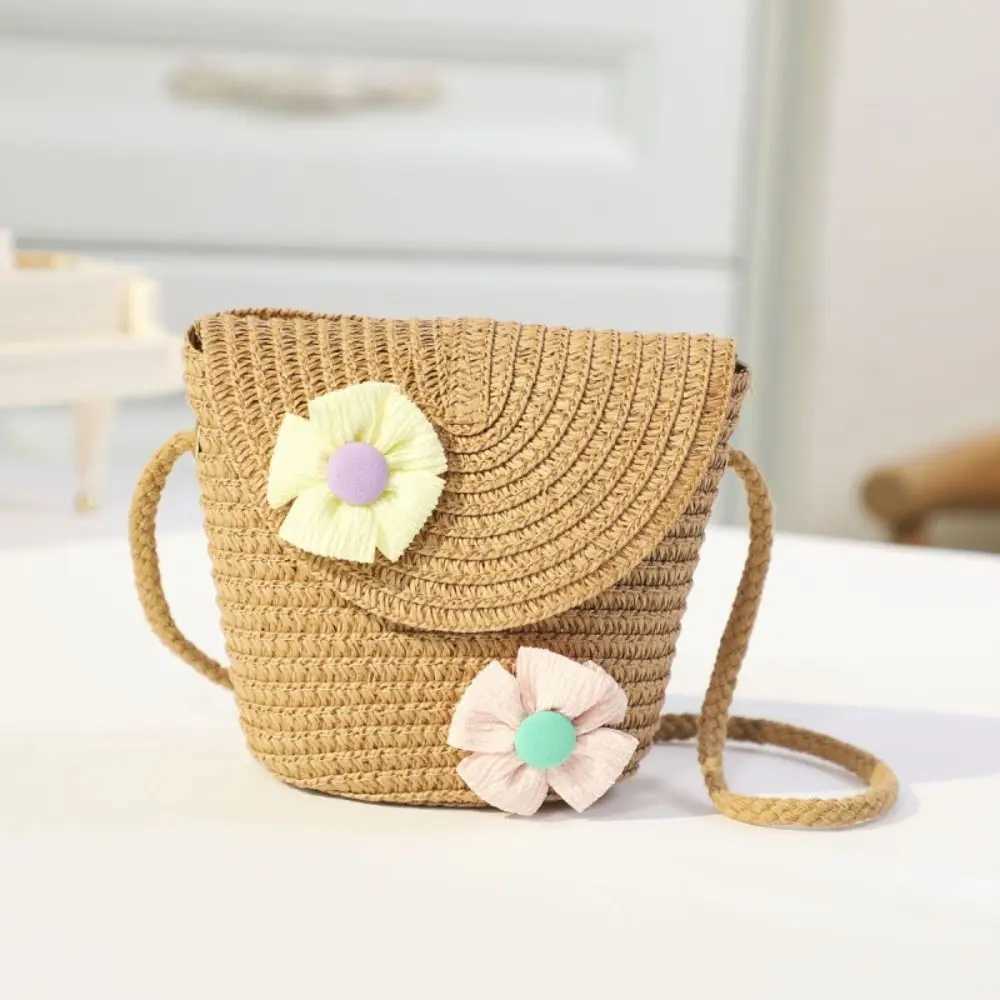 Mini Flip Straw Bag Summer Beach Coin Purse Handmade Woven Crossbody Handbag Photo Props Kid Messenger Bags LX241104